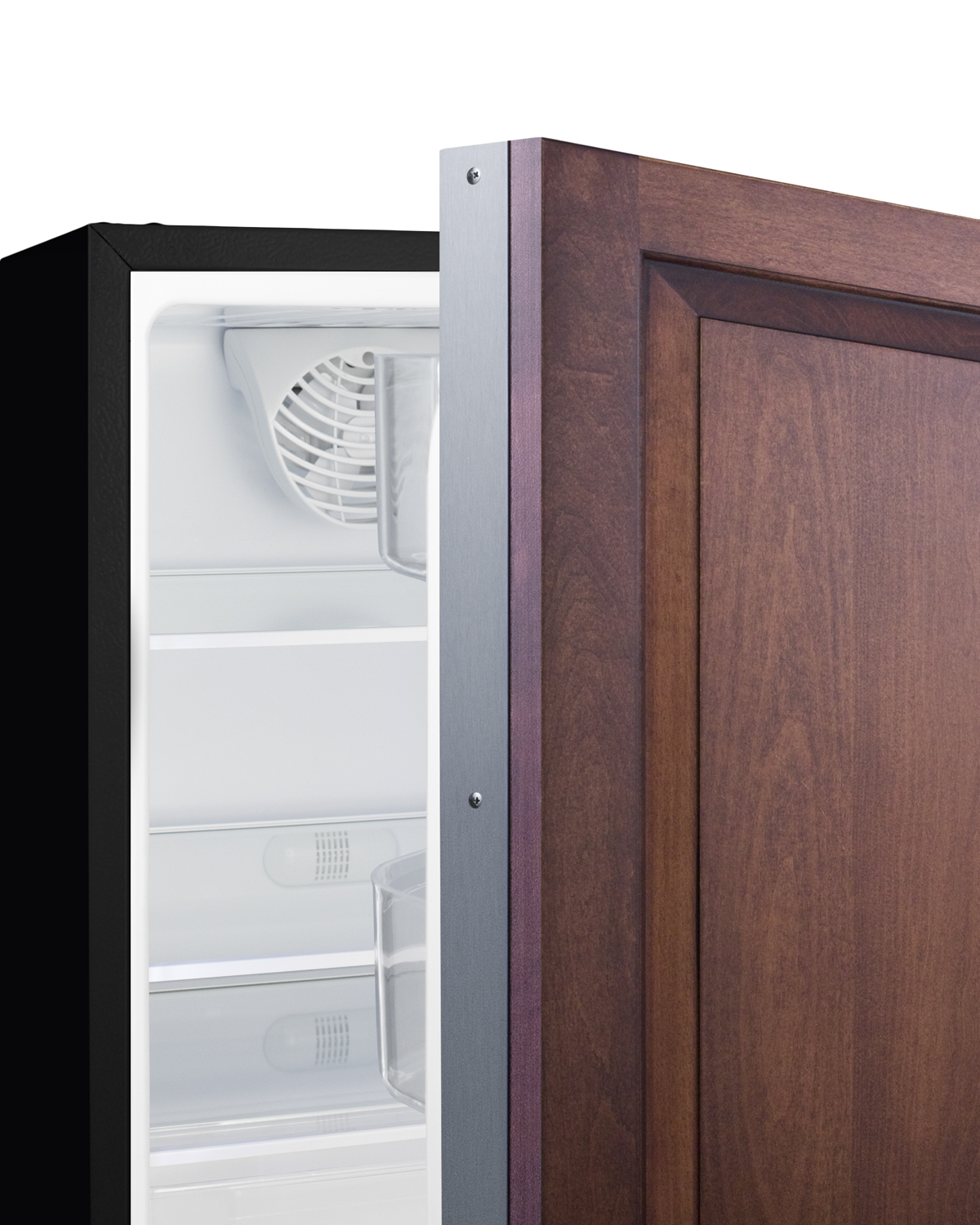 Built-in undercounter ADA compliant residential all-refrigerator in black with panel ready door, door storage and automatic defrost operation